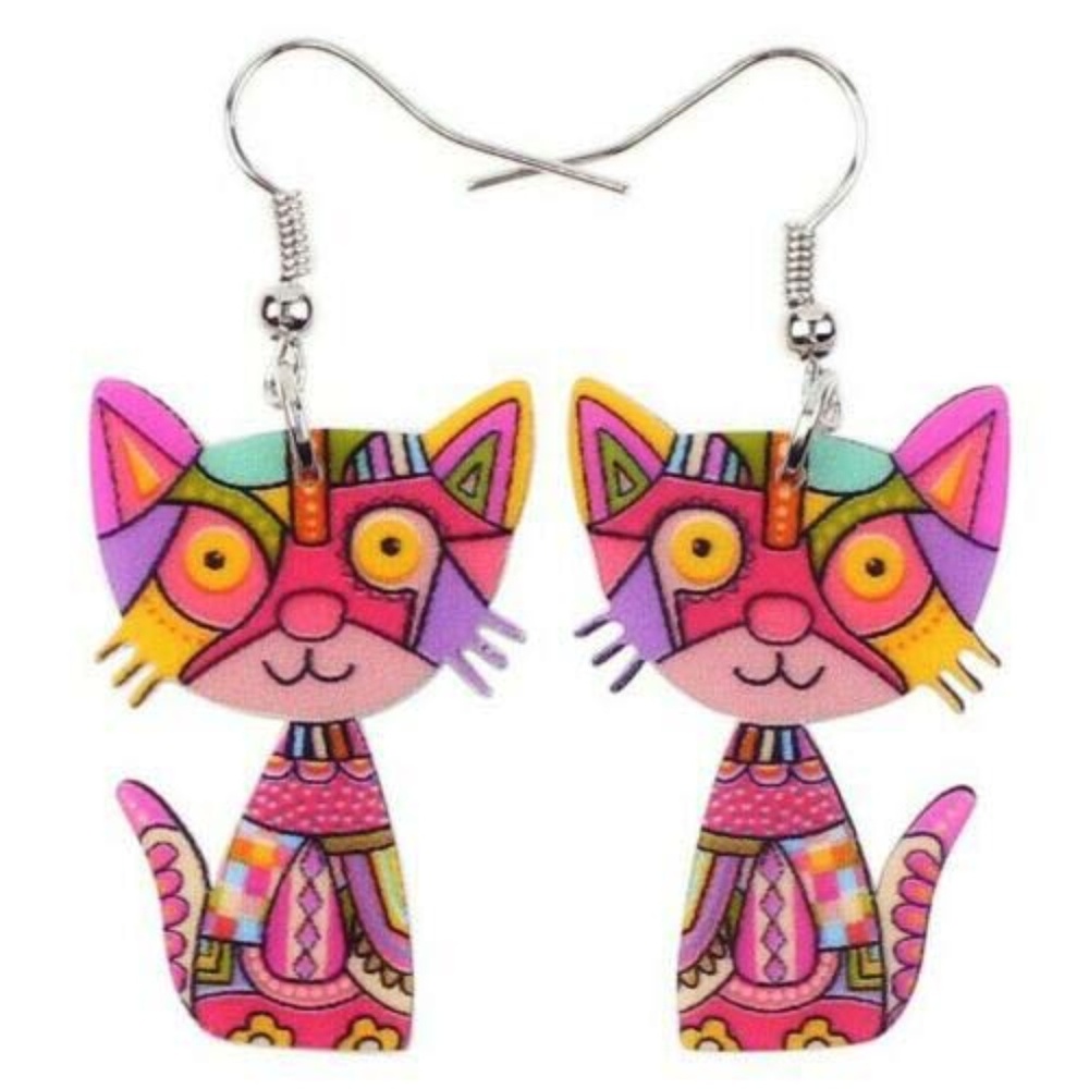 Colorful Pink MULTI-COLOR Acrylic Cat Earrings
